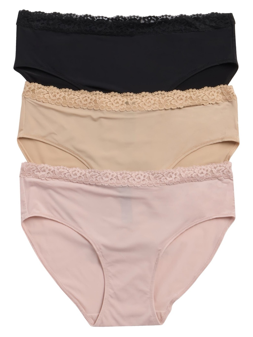 NATORI Finishing Touch 3-Pack Lace Trim Hipster Bikinis